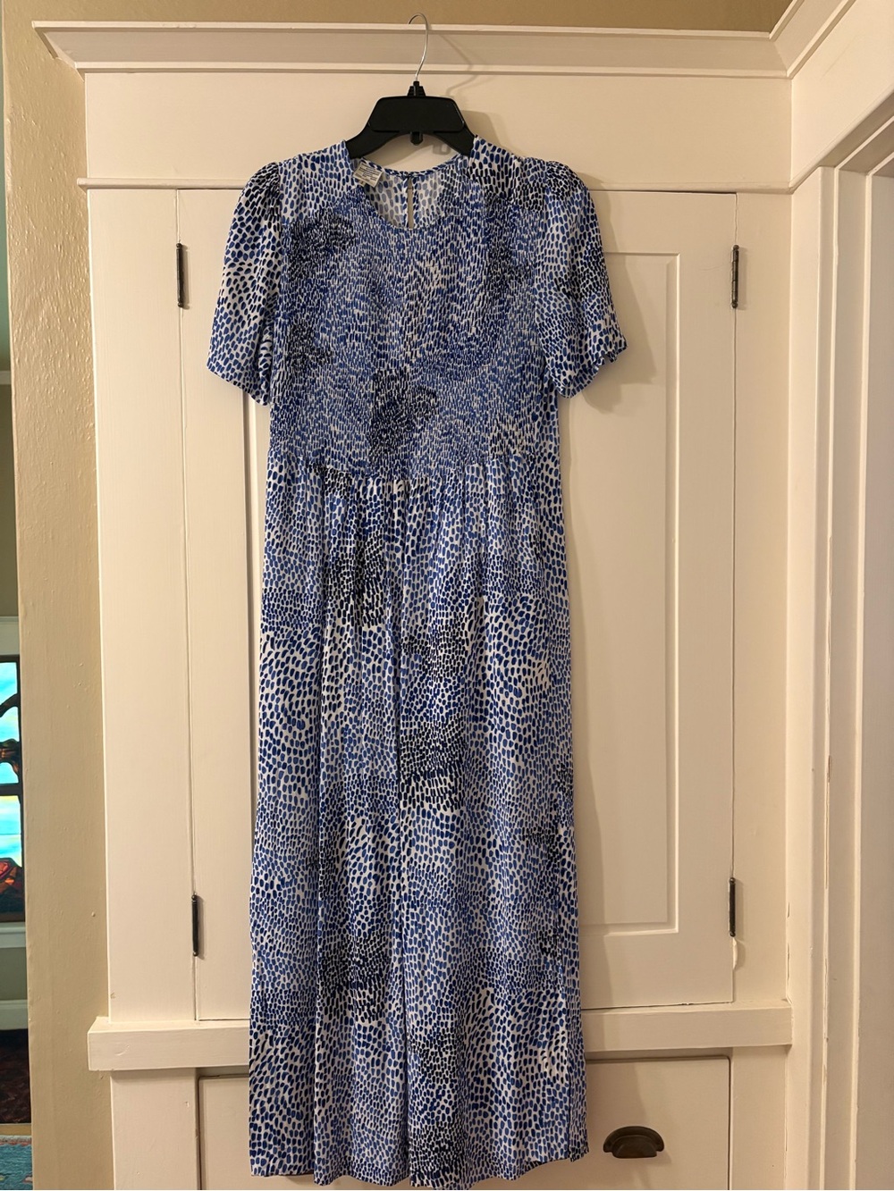 Blue Patterned Short-Sleeve Maxi Dress